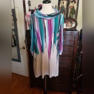 Alfani Teal, Purple & White Striped Cowl Neck Tunic